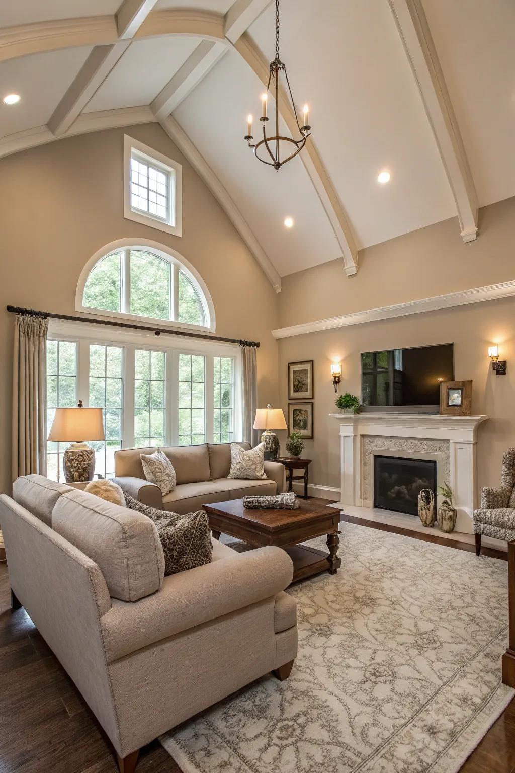 Neutral colors amplify the tranquil and spacious sensation of this vaulted ceiling living area.