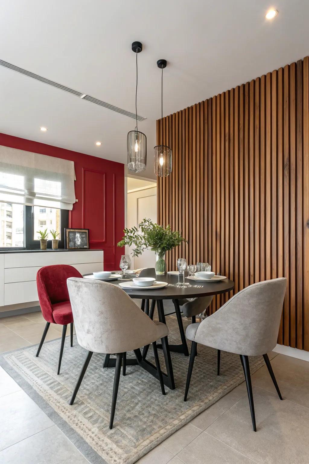 Make a bold statement in your dining space with a dramatic paneled timber feature wall.