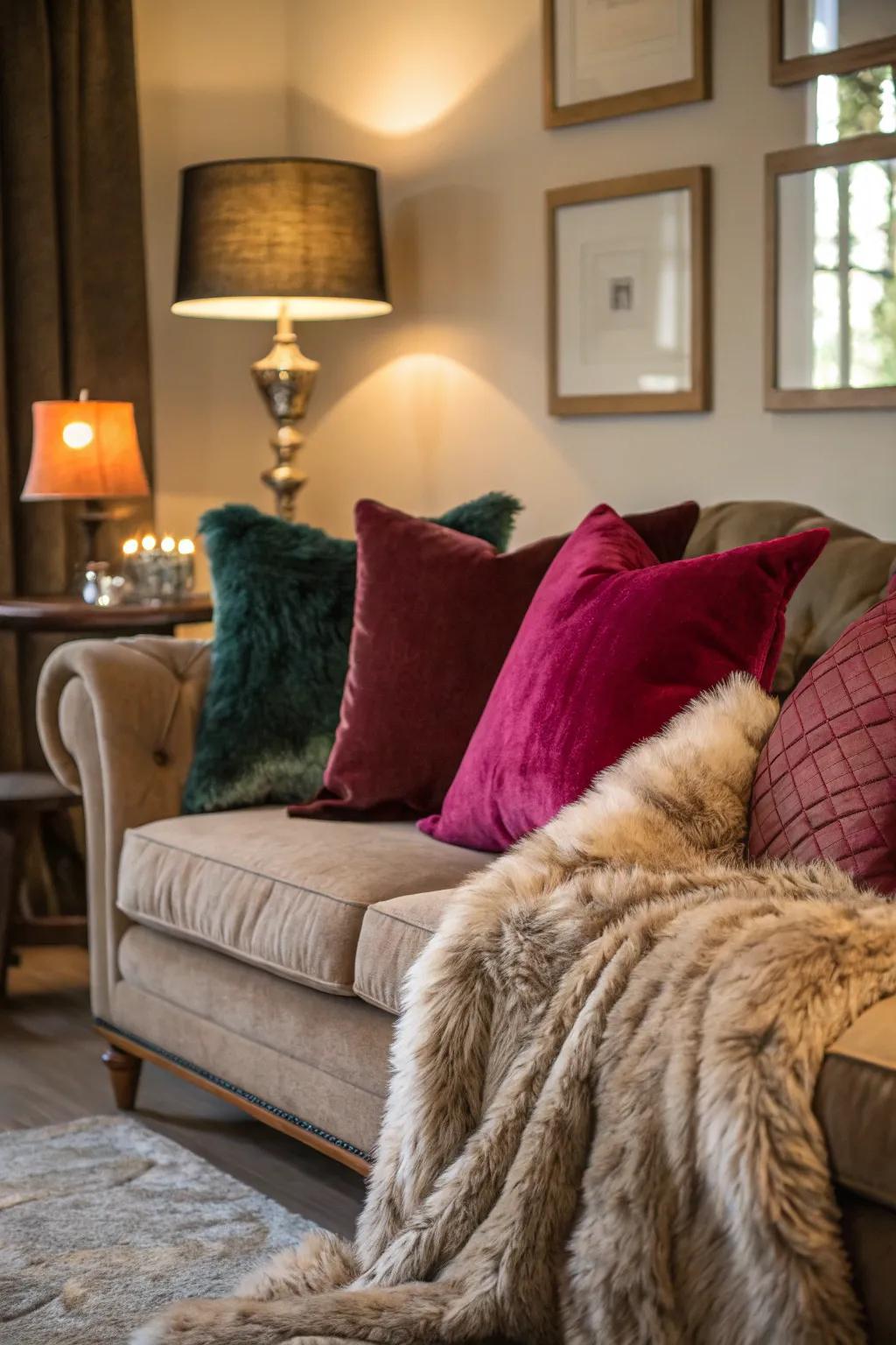 Cozy textiles like velvet and faux fur in a moody living room.