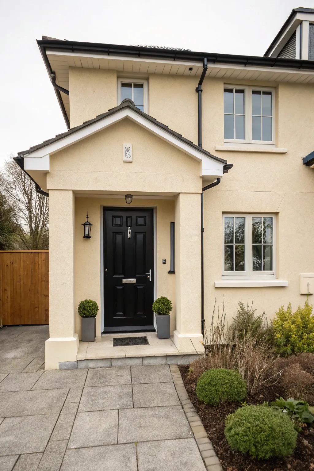 An onyx front door introduces a modern edge to a beige house.