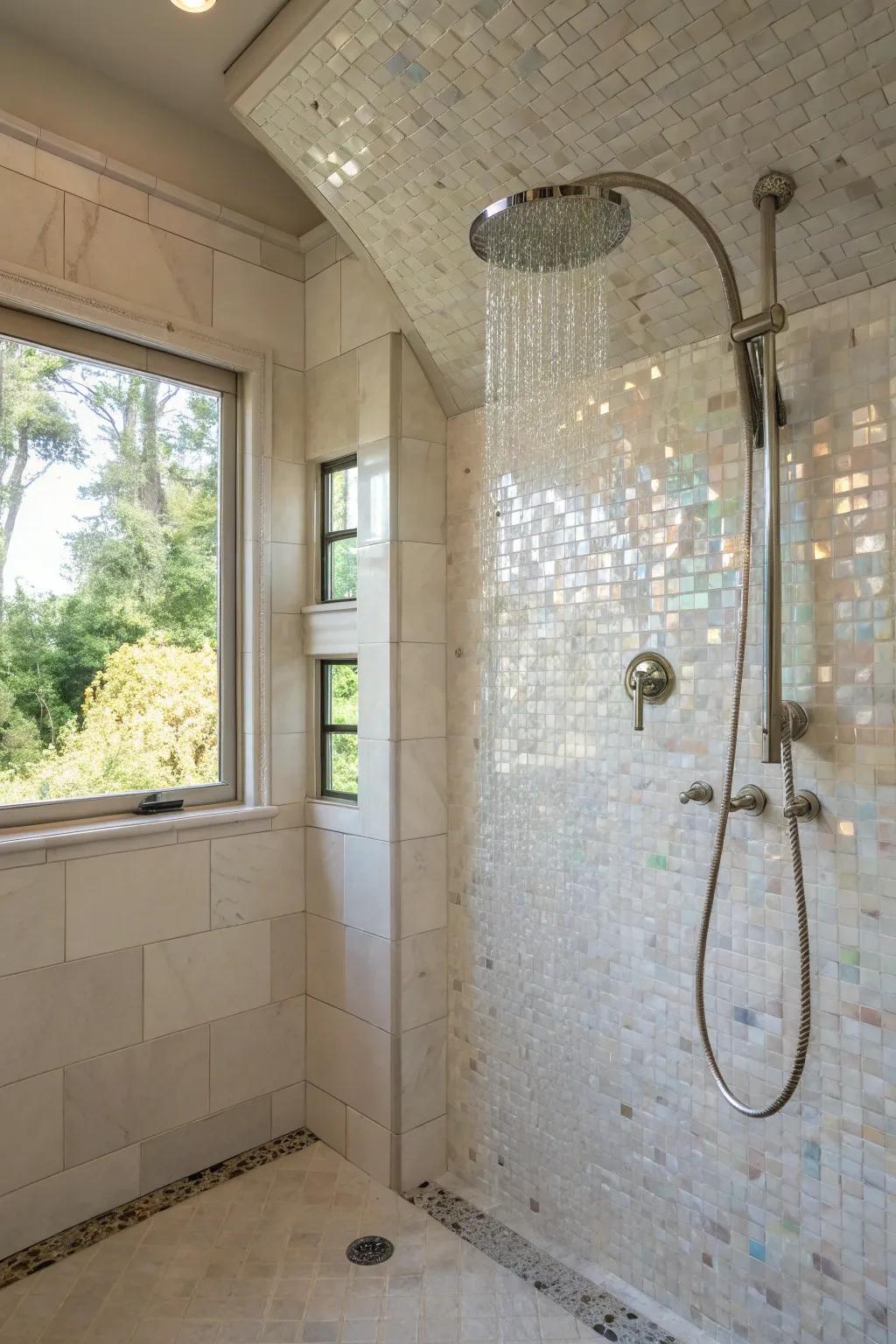 Transform your shower into a lavish escape with mother of pearl tiles.