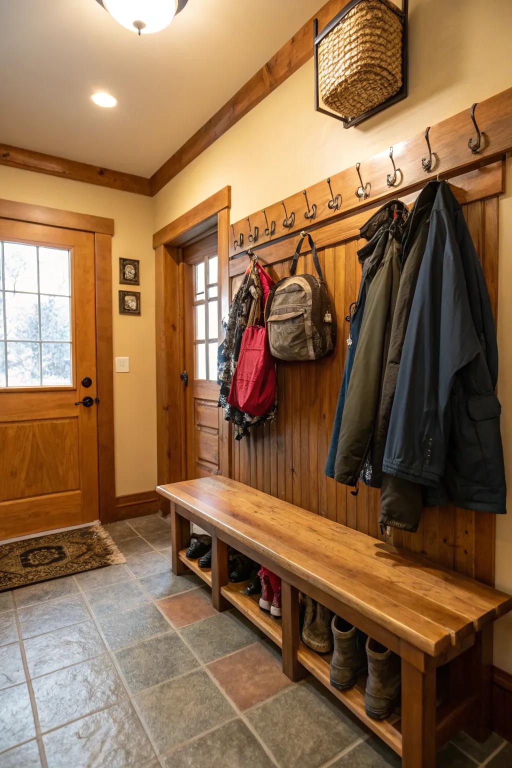 Handy benches and hooks provide everyday ease.