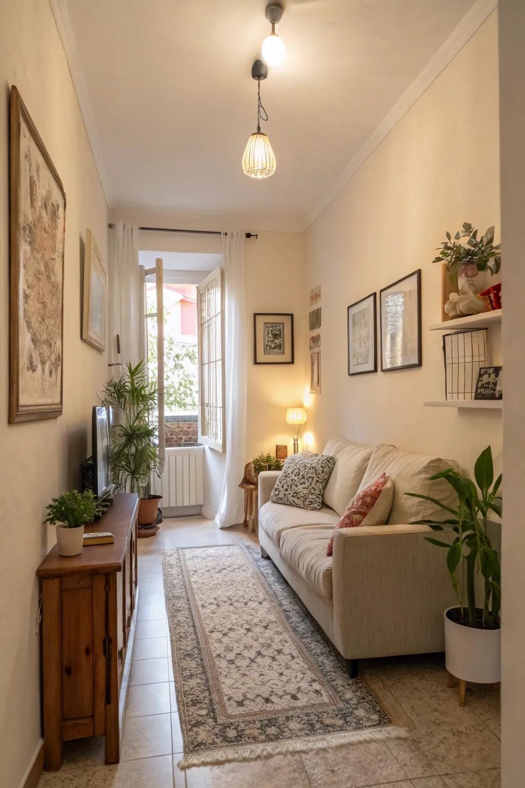 Pale hues creating an open and spacious ambiance in a narrow living area.