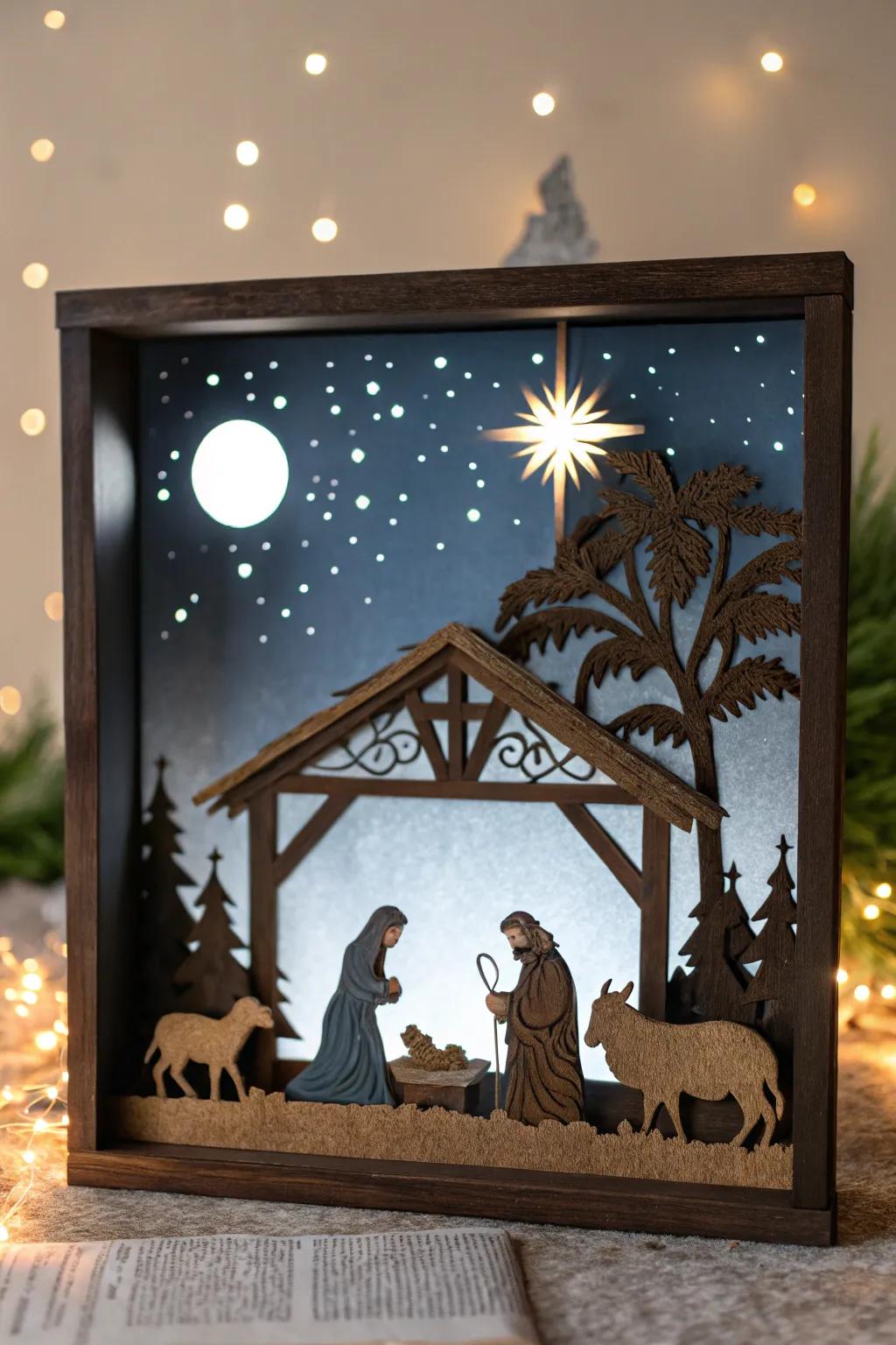 A display box diorama provides a singular interpretation of the nativity.