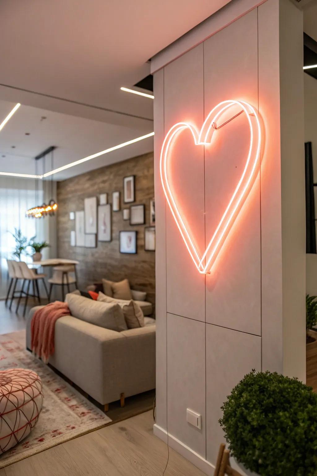 A neon sun sign adds joy and personality to a modern living room.