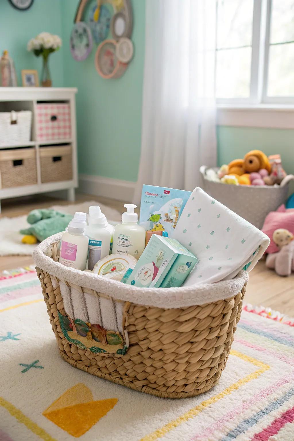 A practical gift basket filled with essential baby care items.