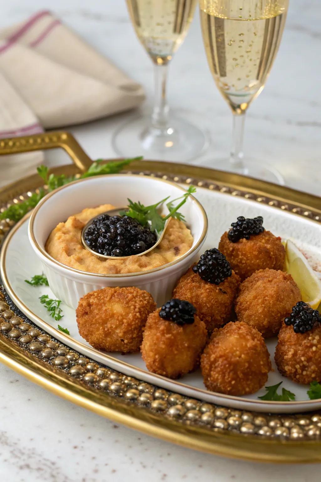 Crispy, champagne-infused fried chicken provides a playful, festive indulgence.