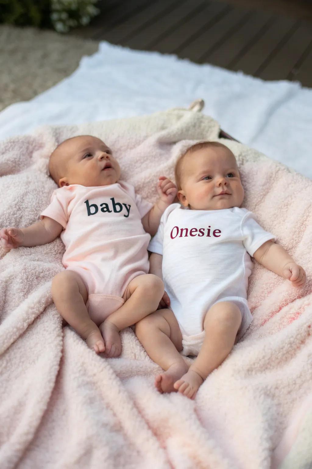 Coordinated rompers infuse the twins' wardrobe with joy and flair.