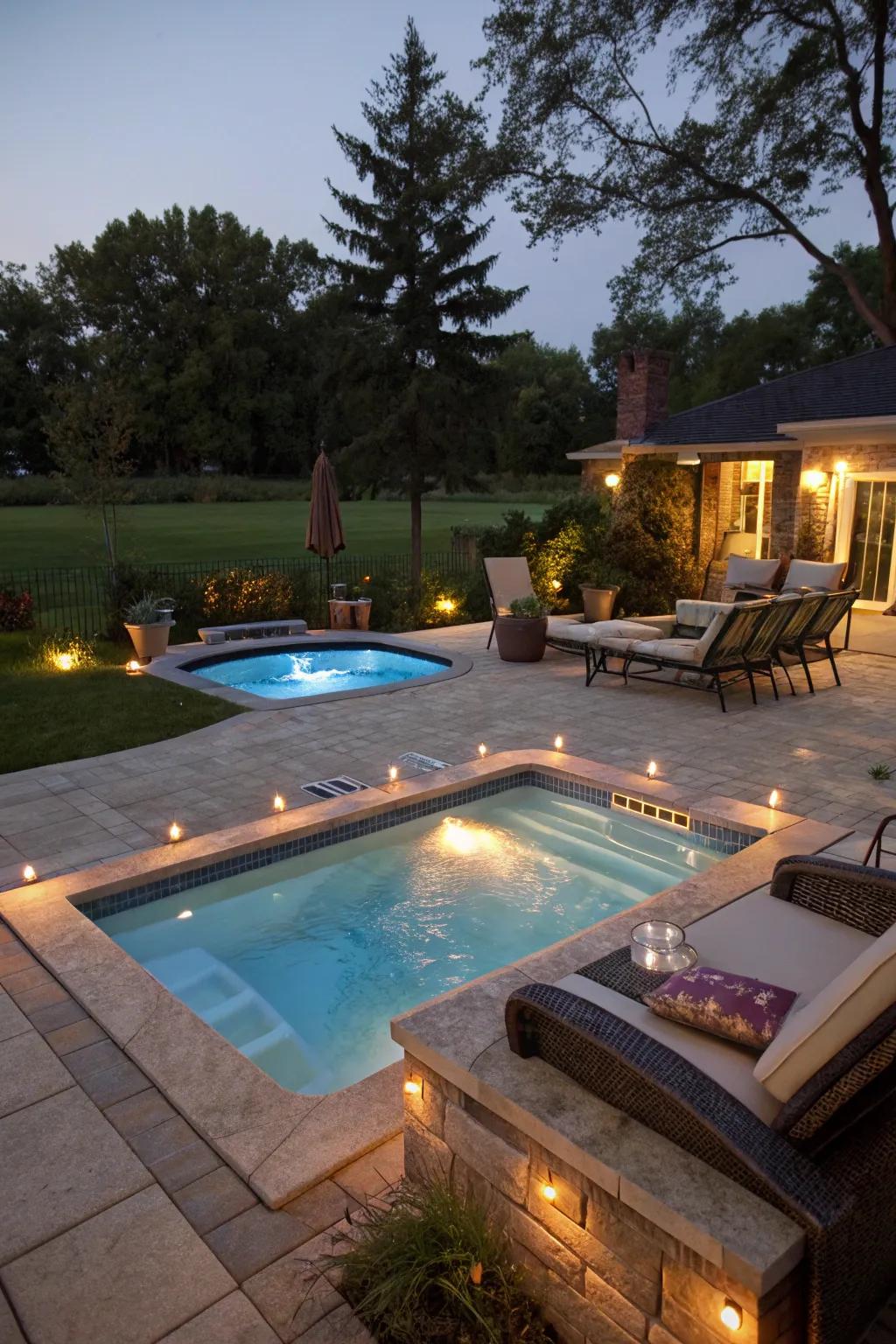 A hot tub incorporated within the pool space, delivering a cozy area for tranquility.
