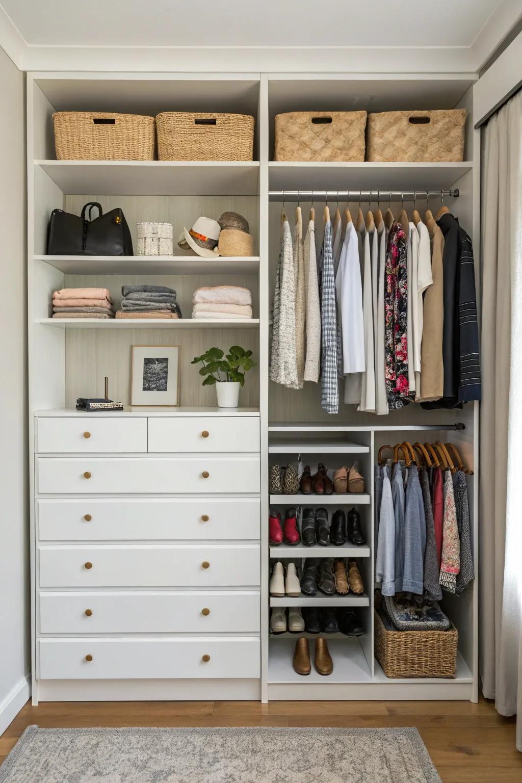 Open closet that includes an effective built-in dresser