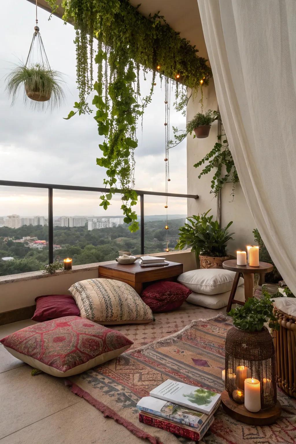 Create a peaceful outdoor hideaway on your balcony with bohemian style and greenery.