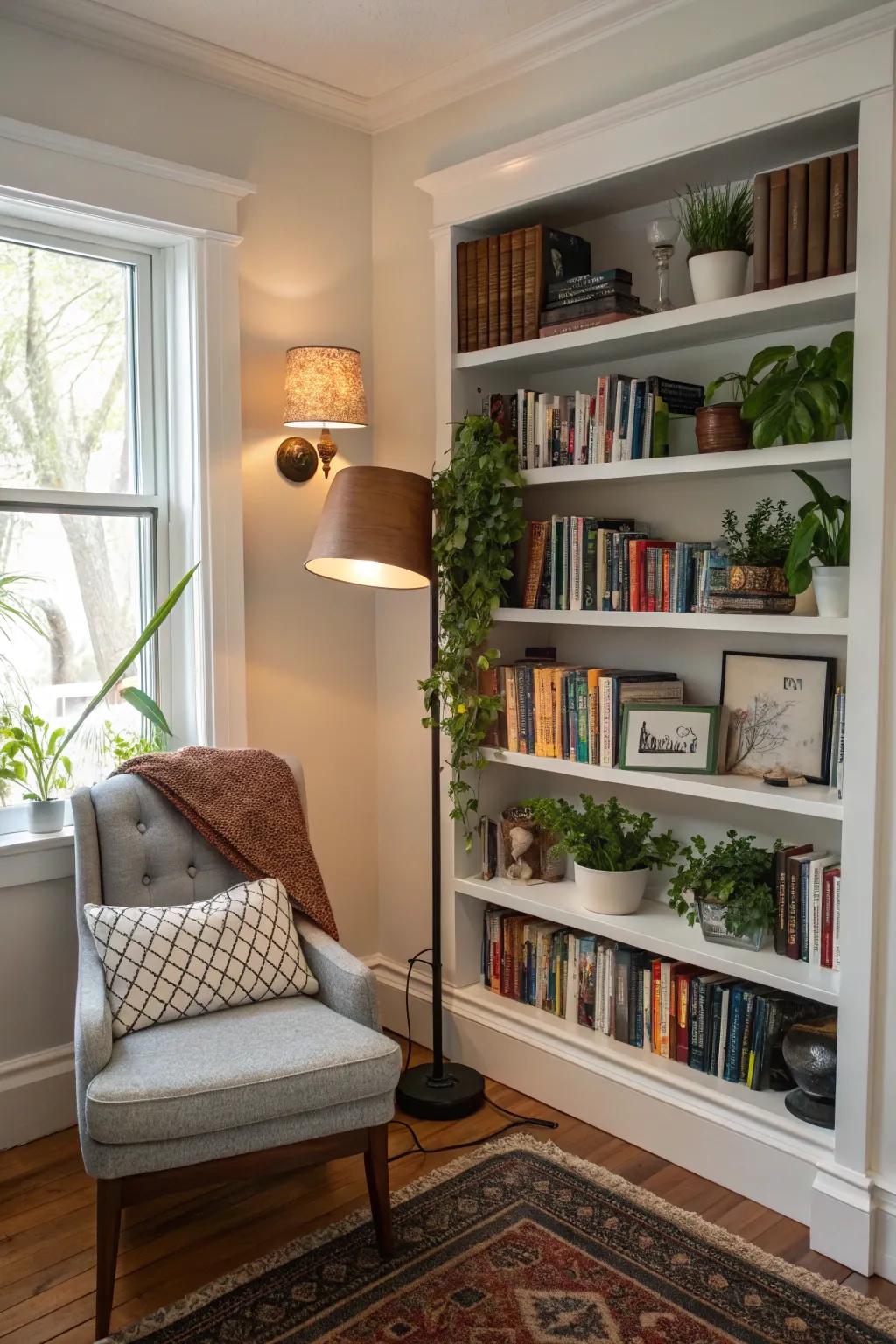 Custom built-in shelving transforms a simple alcove into a beloved reading sanctuary.