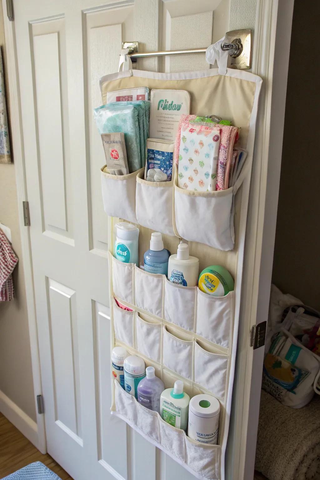 Handy back-of-the-door organizer designed for vital infant care supplies.