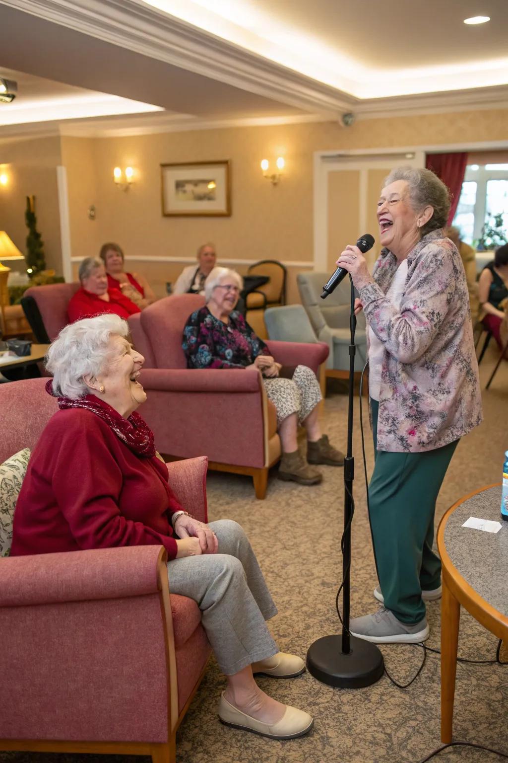 Residents partaking in an energetic karaoke session filled with iconic love melodies.