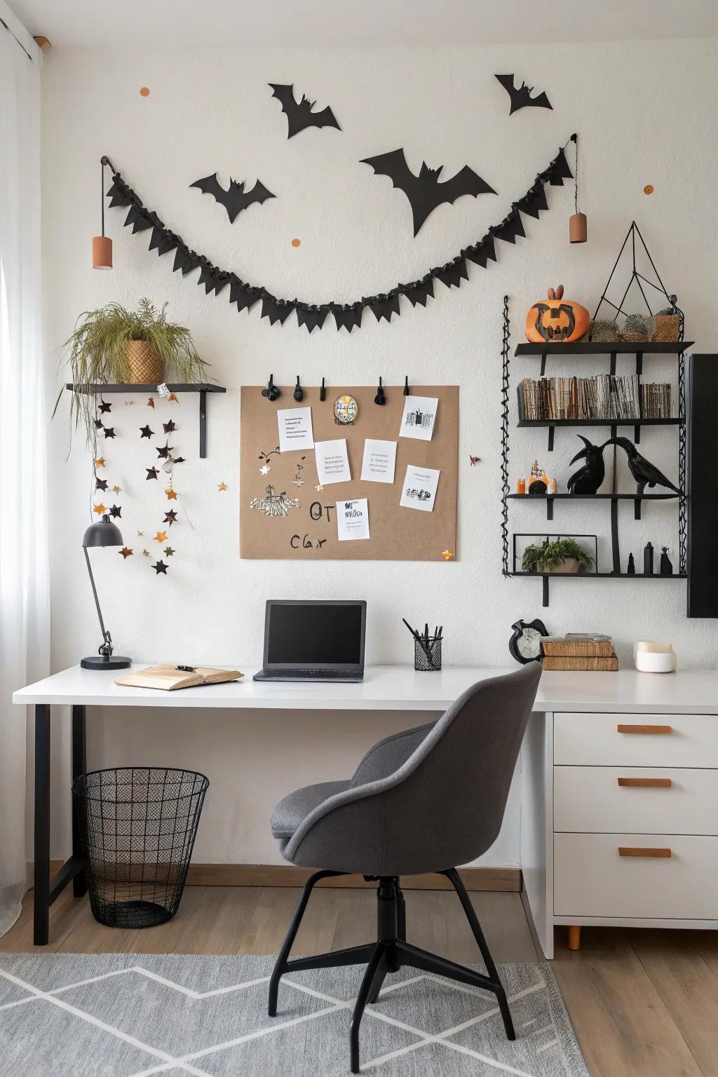 A modern home office bulletin board with stylish Halloween decor.