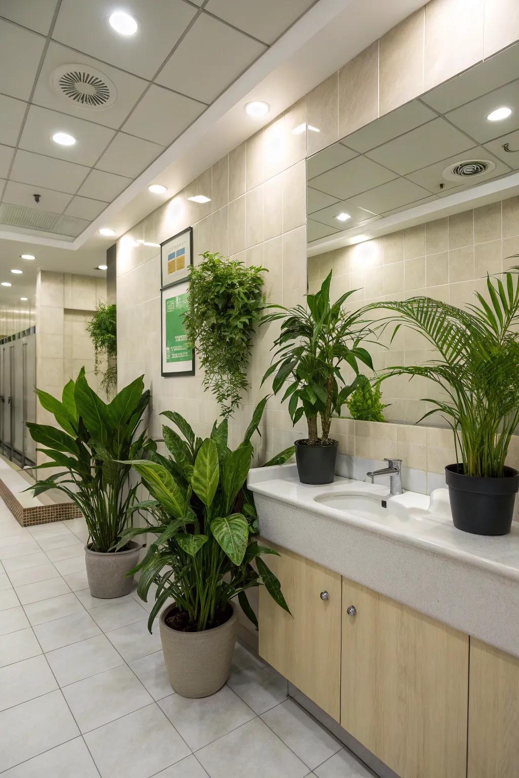 Plush foliage yields a stimulating organic element inside the office lavatory.