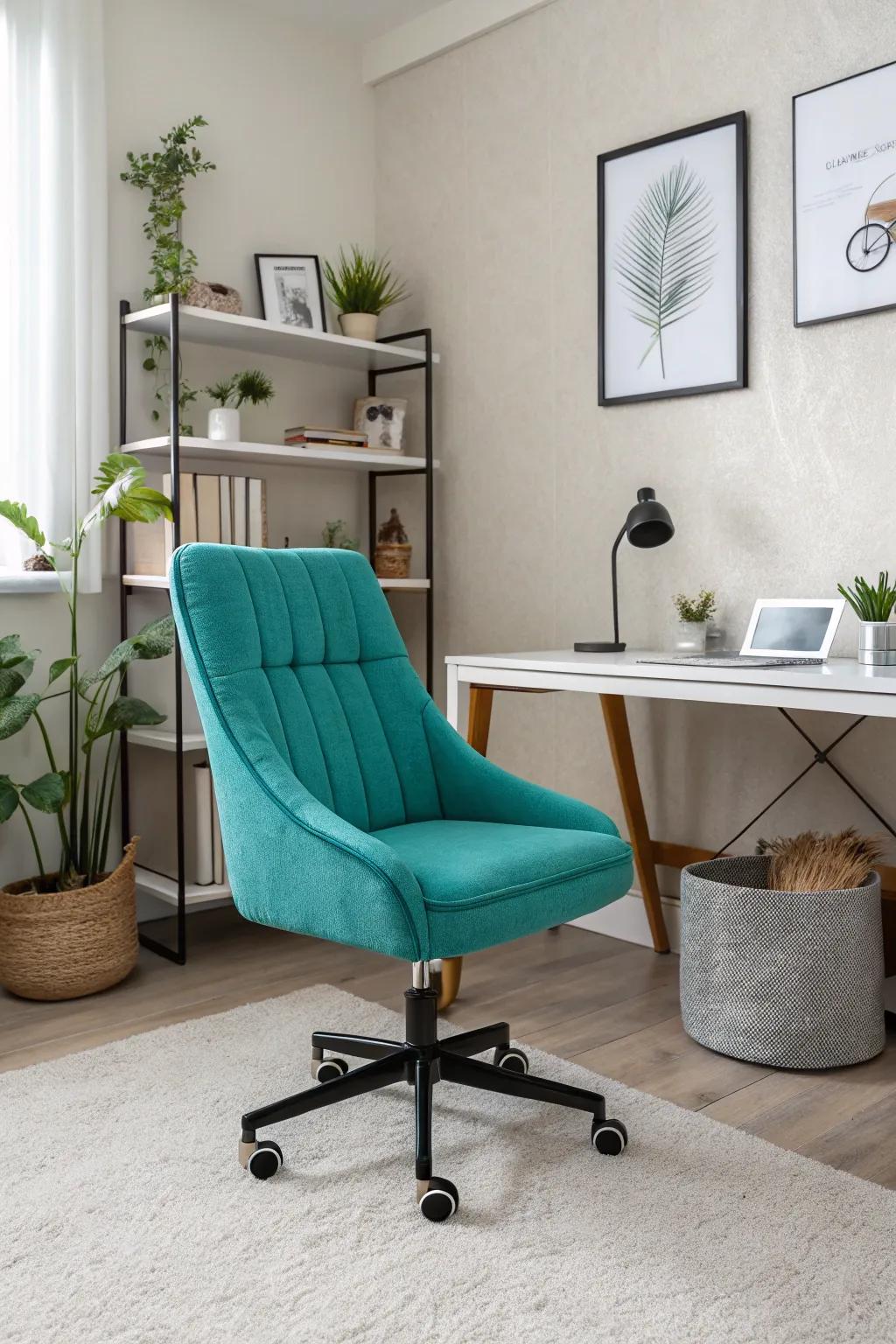 A vivid cyan chair can transform a neutral workspace into a lively haven.