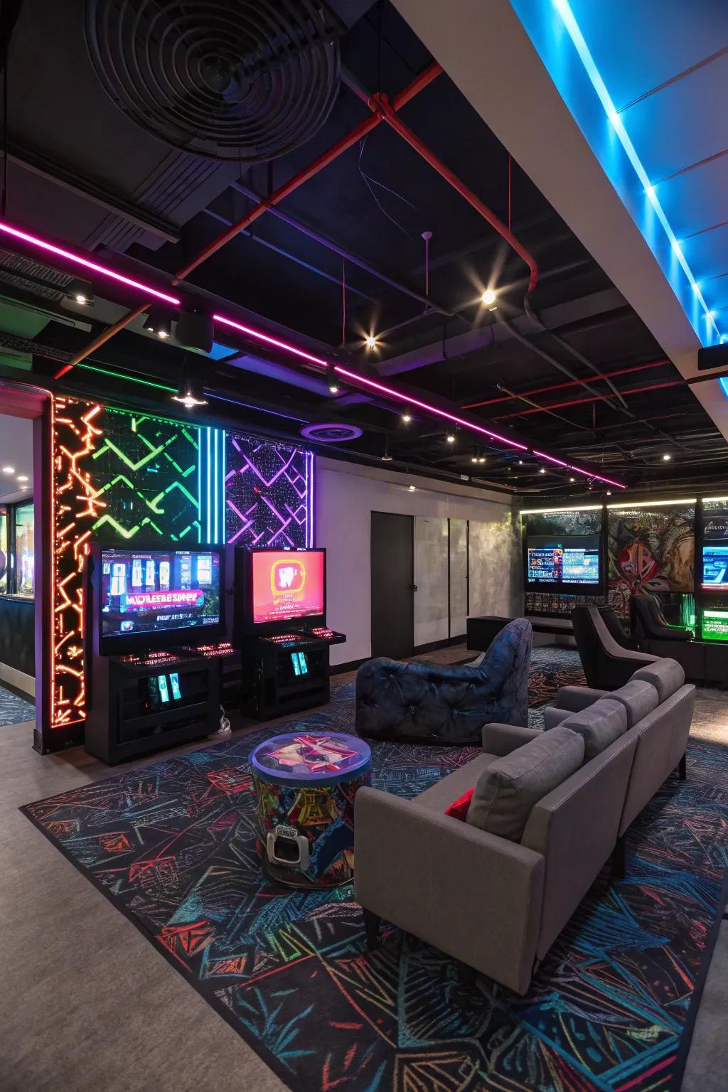 Cool lighting adds a ton of personality and sets the mood in your game room office.