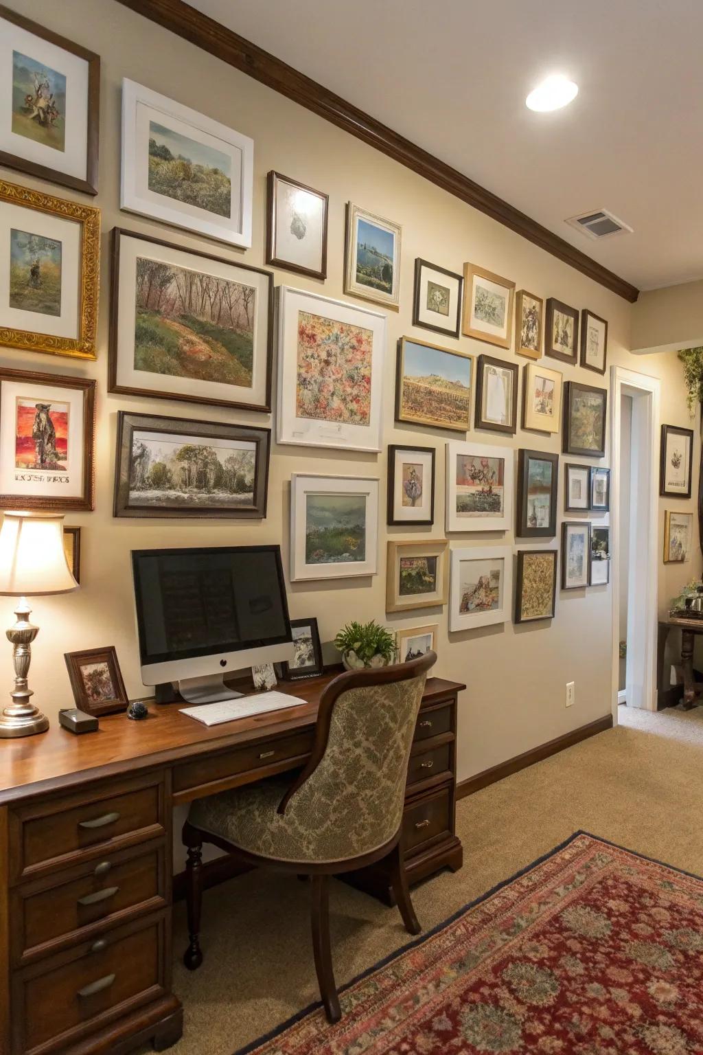 A wall filled with art results in a personalized and captivating Zoom background.