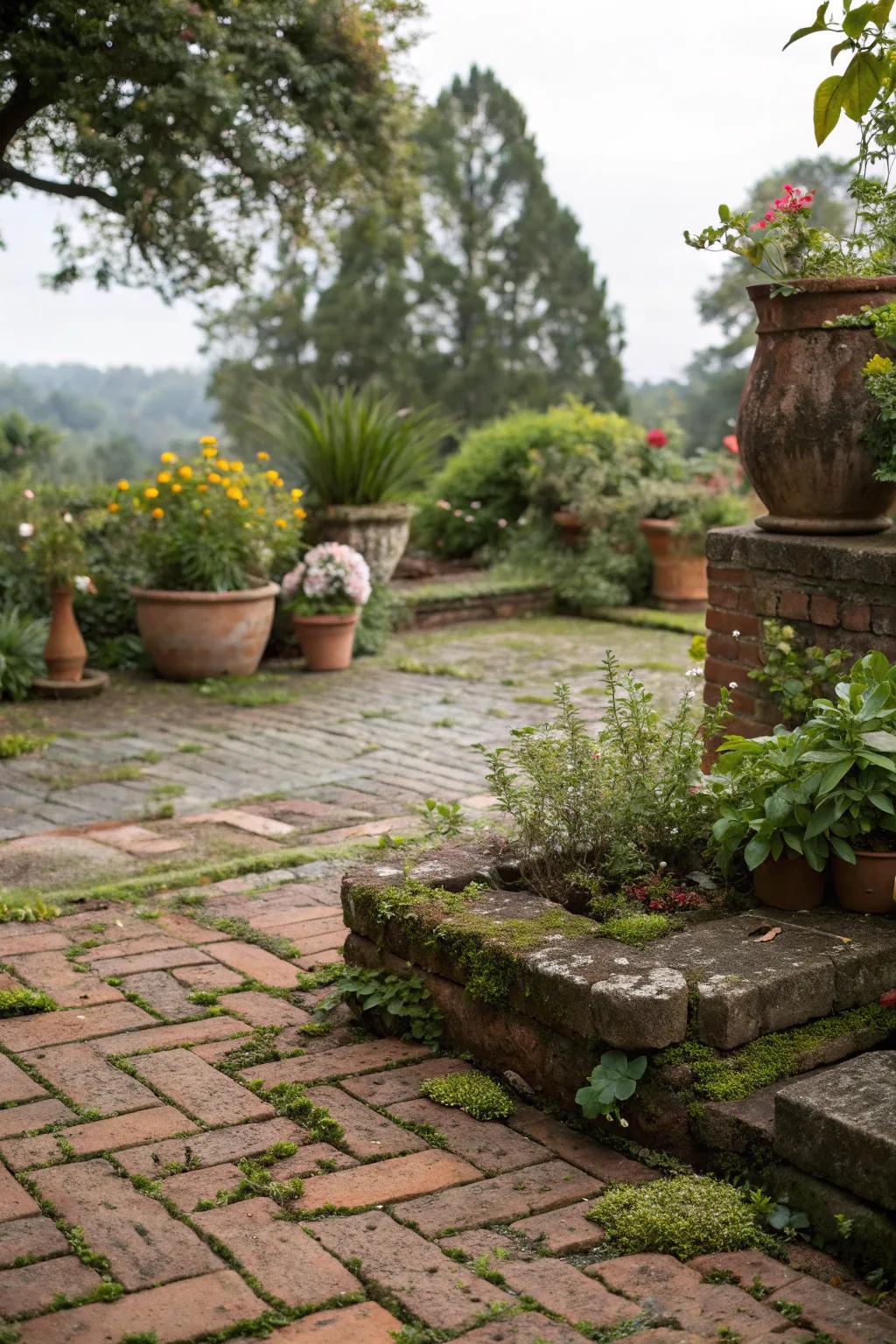 Flower-filled containers accentuate the rustic charm of a brick patio