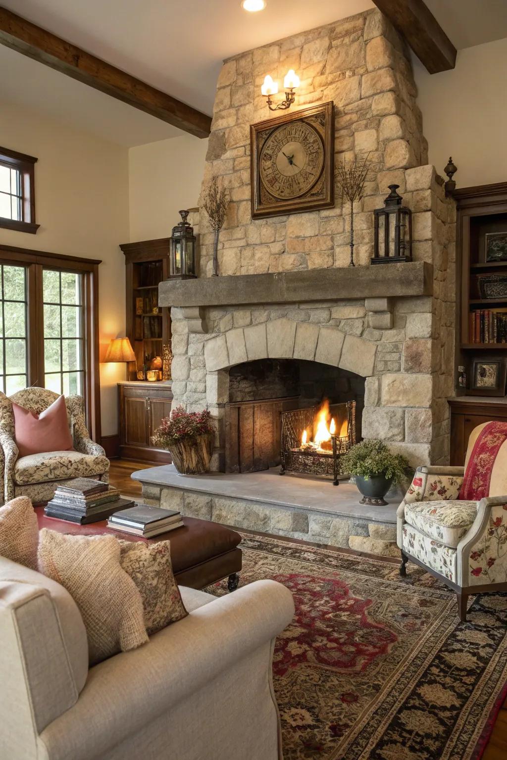A magnificent fireplace serves as the room's focal point.