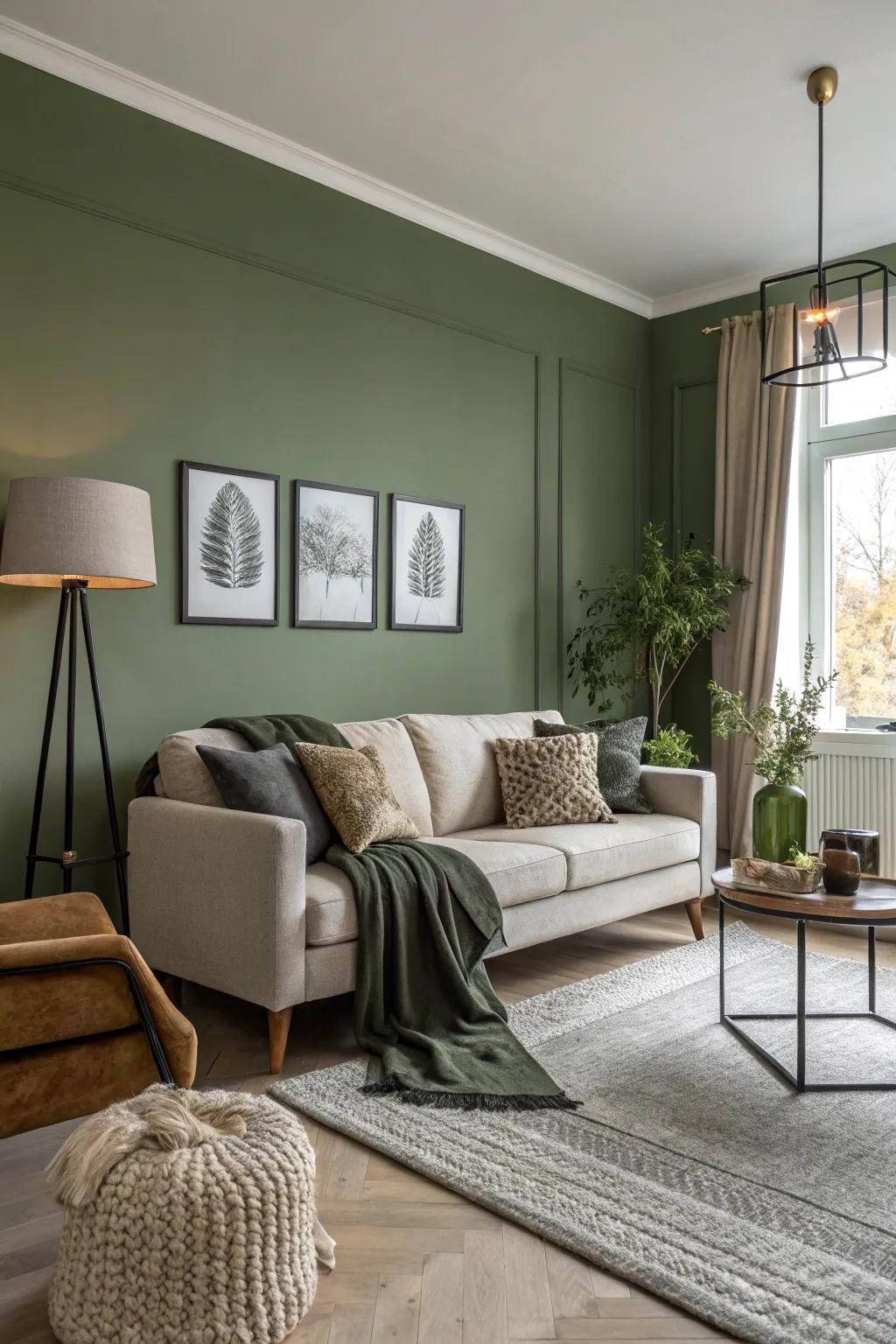 The olive green walls help modern and cozy designs live together.
