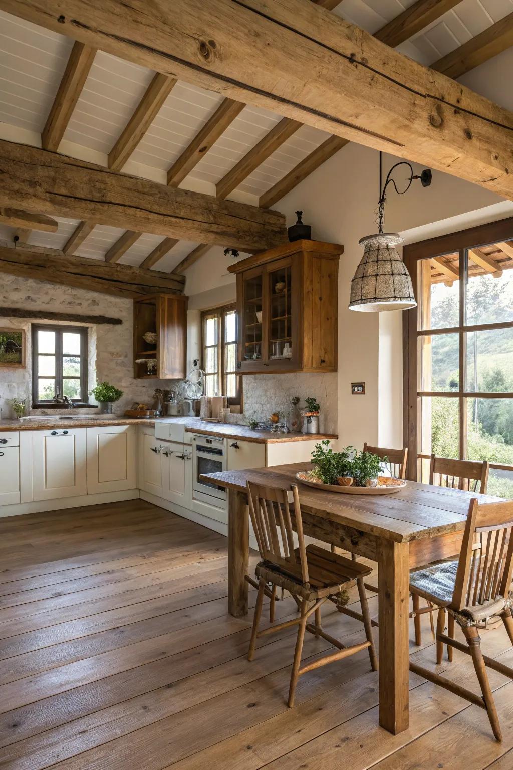 Wood supports and flooring add warmth to the kitchen area.