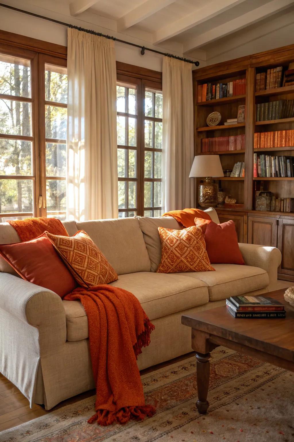 Orange cushions and throws deliver a burst of color, enhancing the room's sense of comfort.