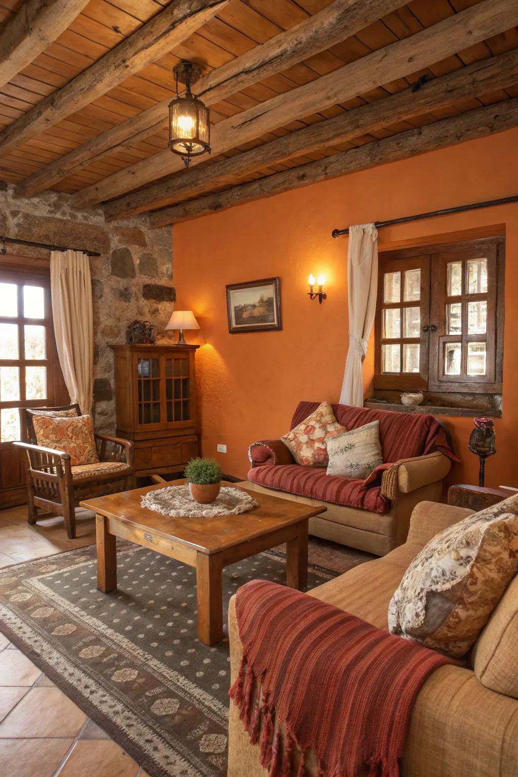 An inviting living area with timber furniture and walls of orange.