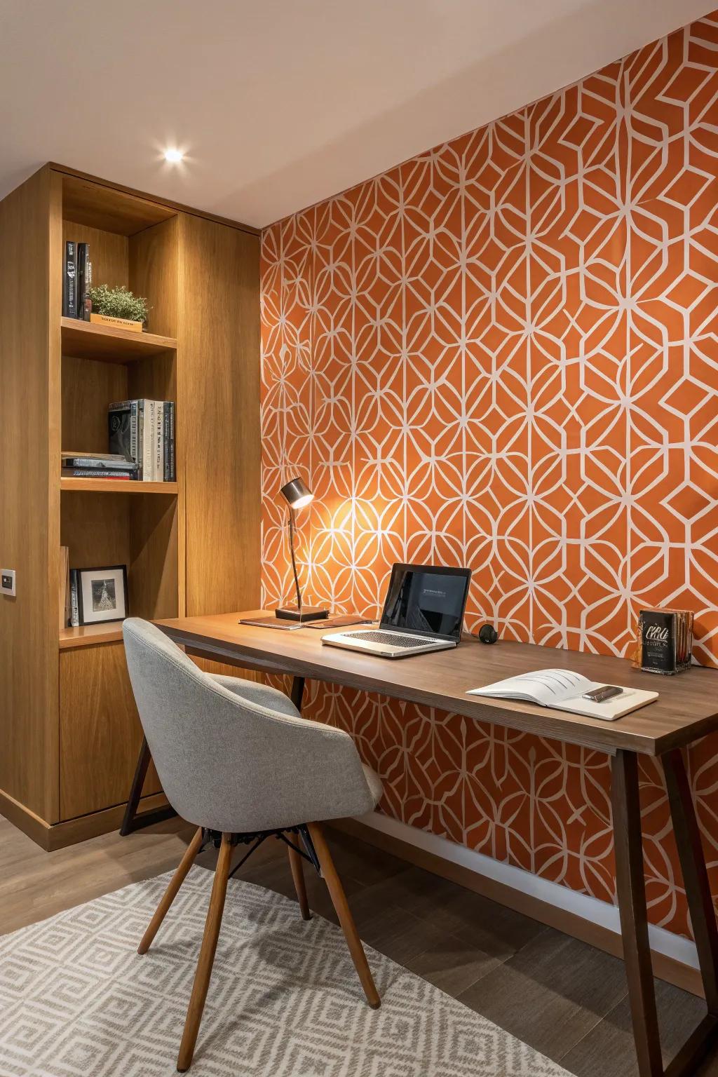 An office space with tangerine geometric patterns that offer a playful touch.