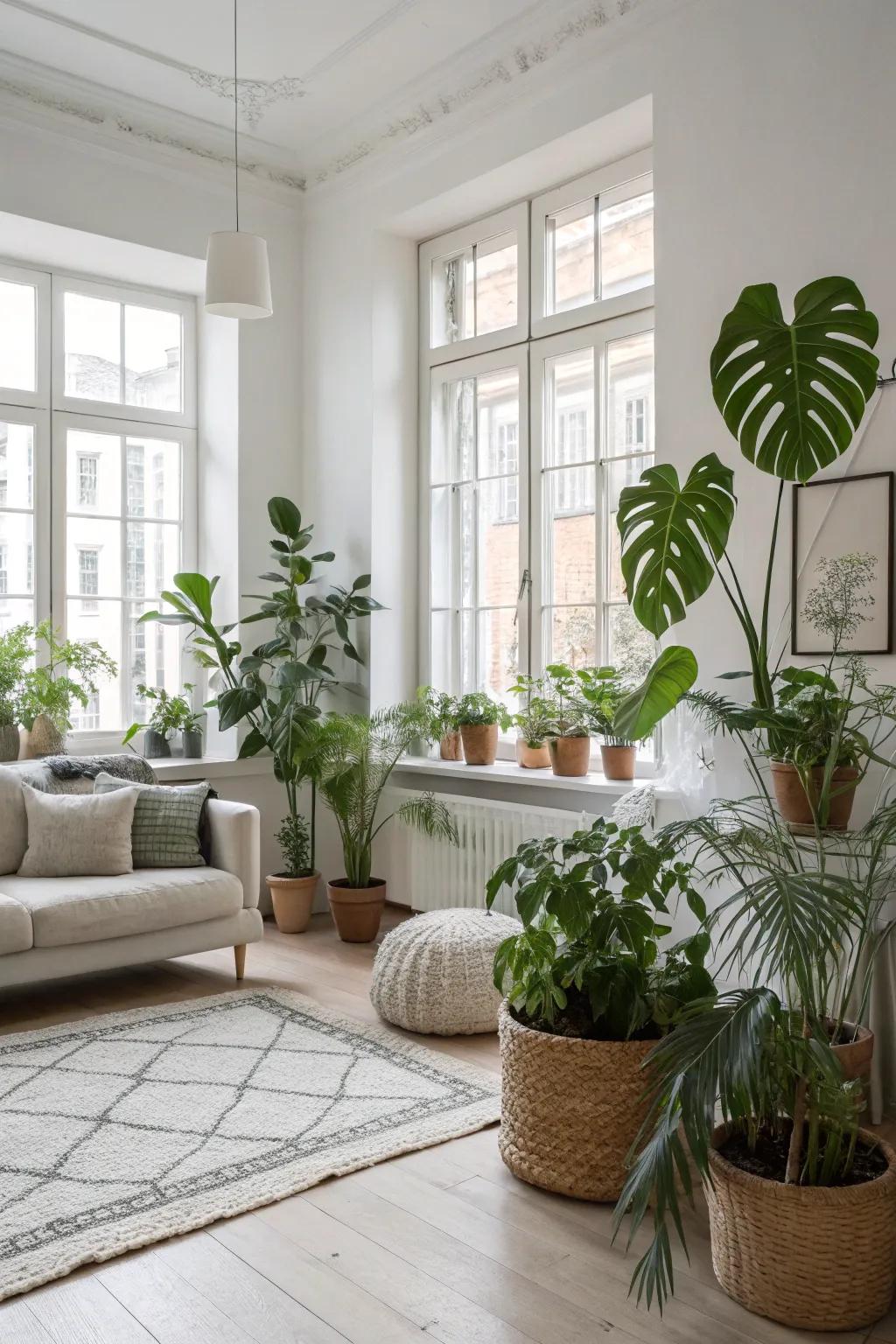 Lush plants adding vibrancy to the living area.
