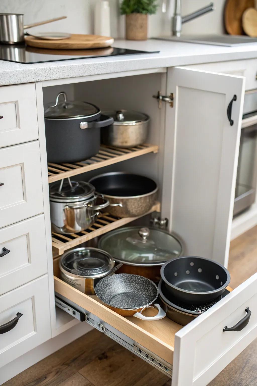 Cabinet with separators to maintain orderly cookware.