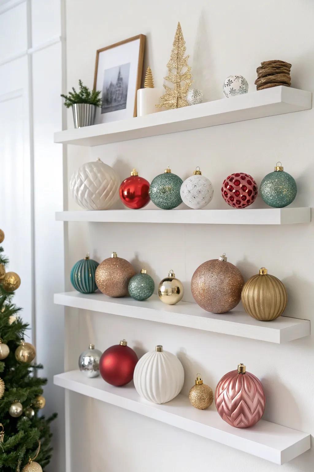 Floating shelves displaying an array of ornaments in a layered display.