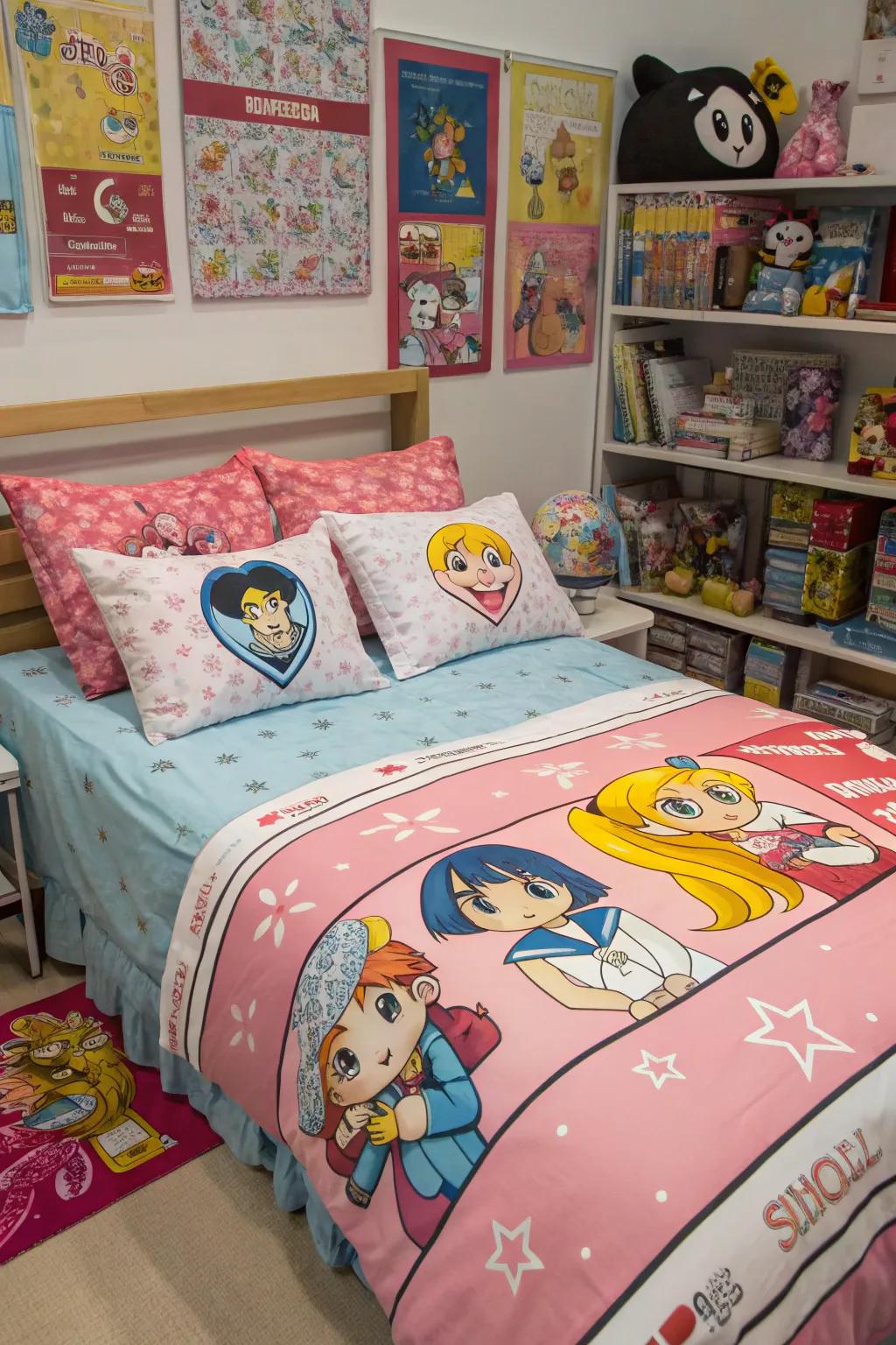 Anime-themed bedding transports your most-liked personalities into your dreams.