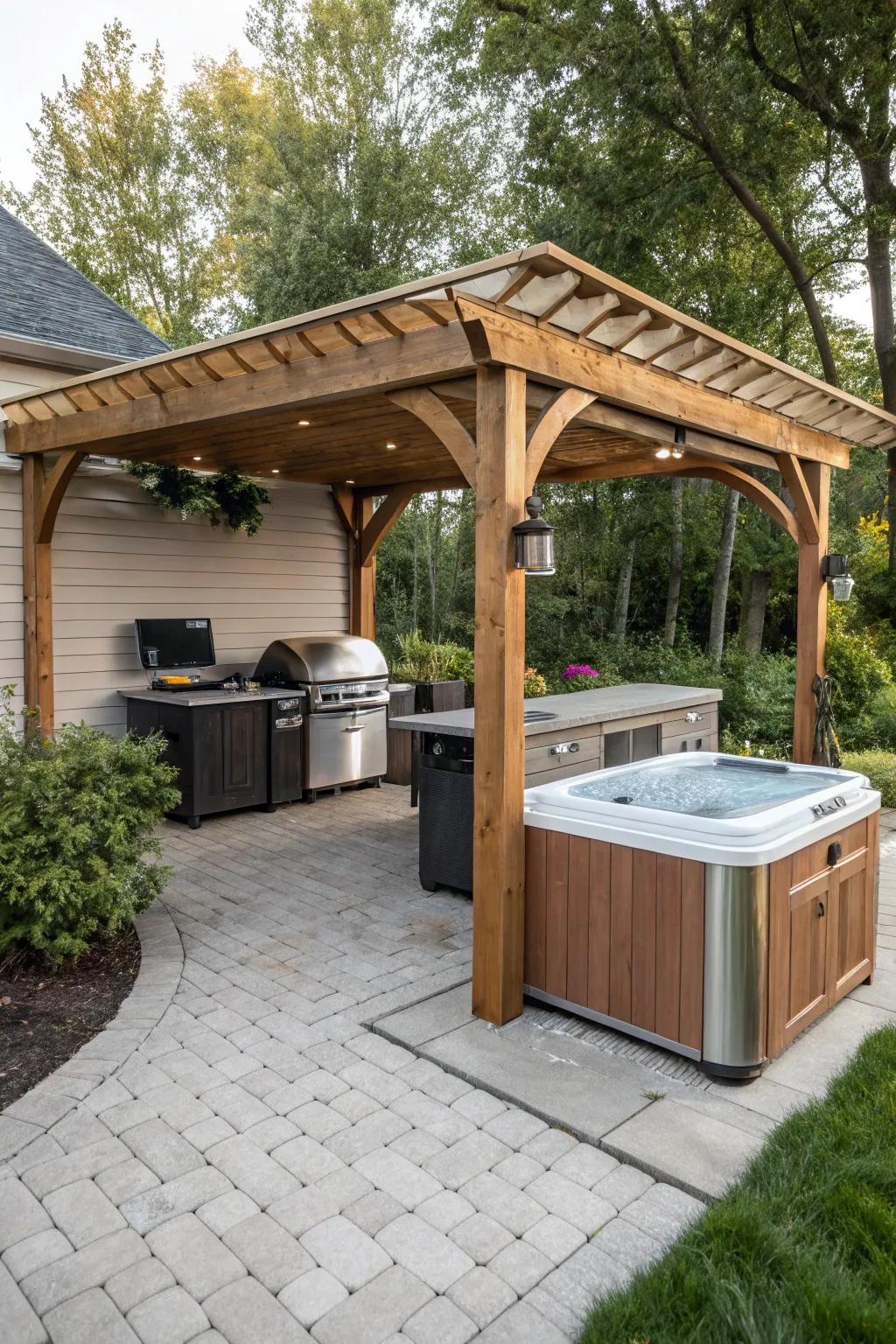 A pergola offers both shade and shelter, enhancing comfort and usability.