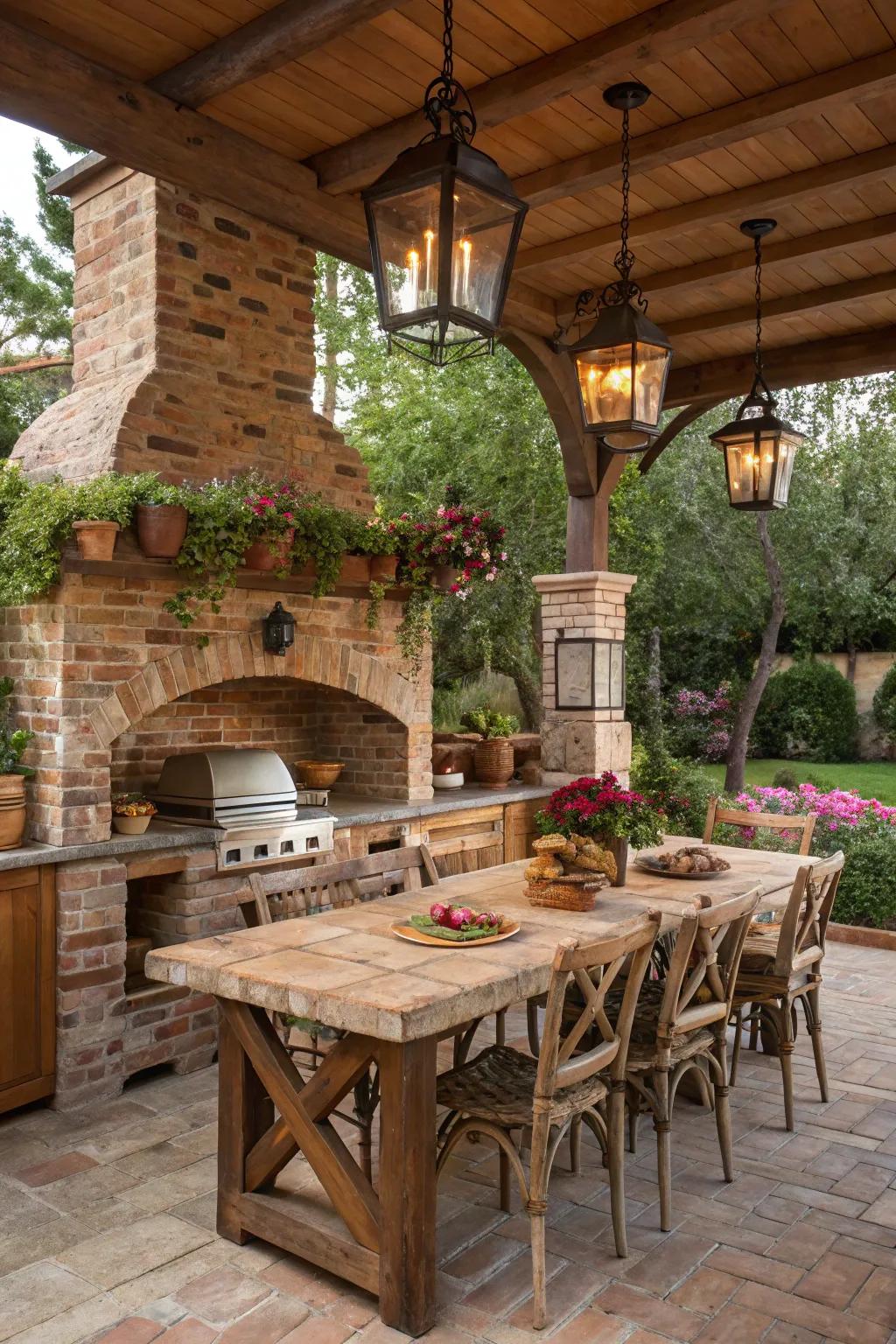 Brick backsplashes contribute a hint of rustic allure and coziness to outdoor kitchens.