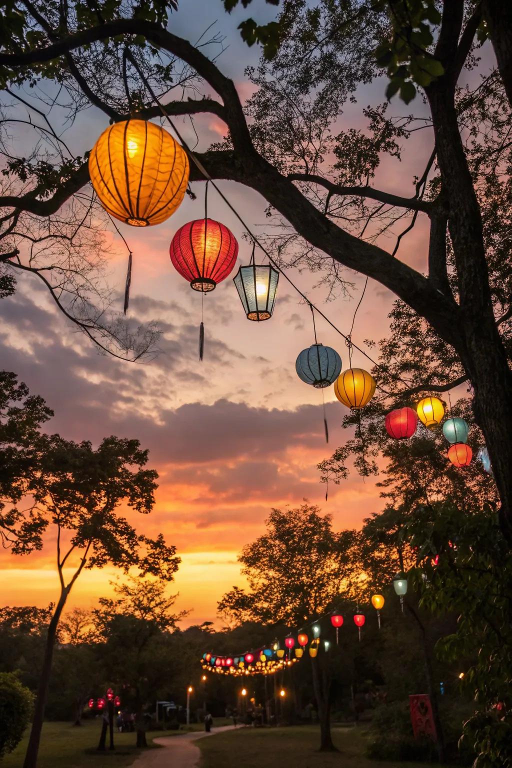Hanging lanterns add a magical glow to any park setting.