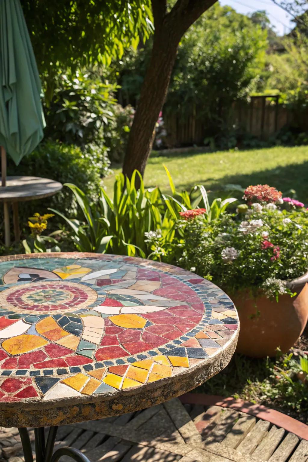 A mosaic table top infuses vibrant hues and distinctive designs into your outdoor environment.