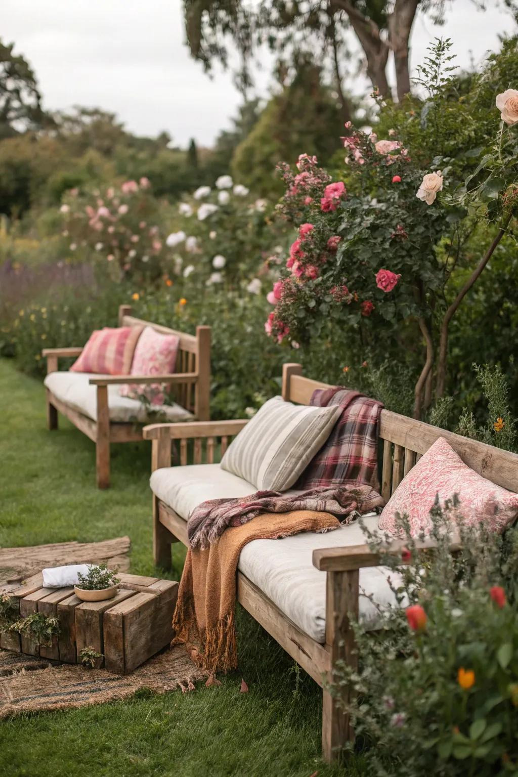 Country-style seating enhanced with cushions and throws adds both comfort and style.
