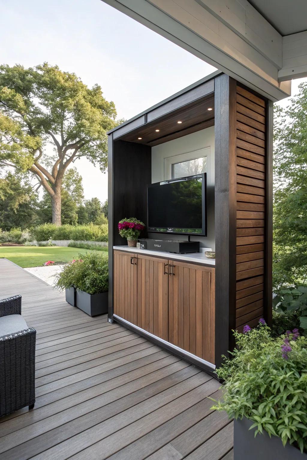 A protective cabinet keeps your outdoor TV safe and stylish.