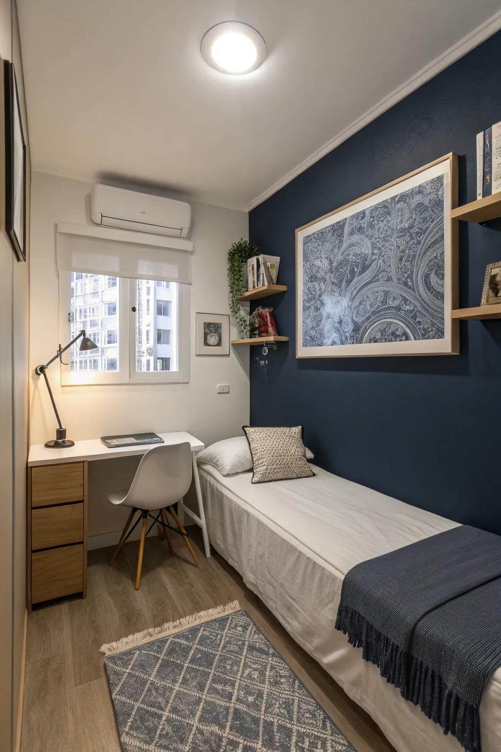 A striking feature wall in a deep hue can introduce richness and intrigue to a small space.