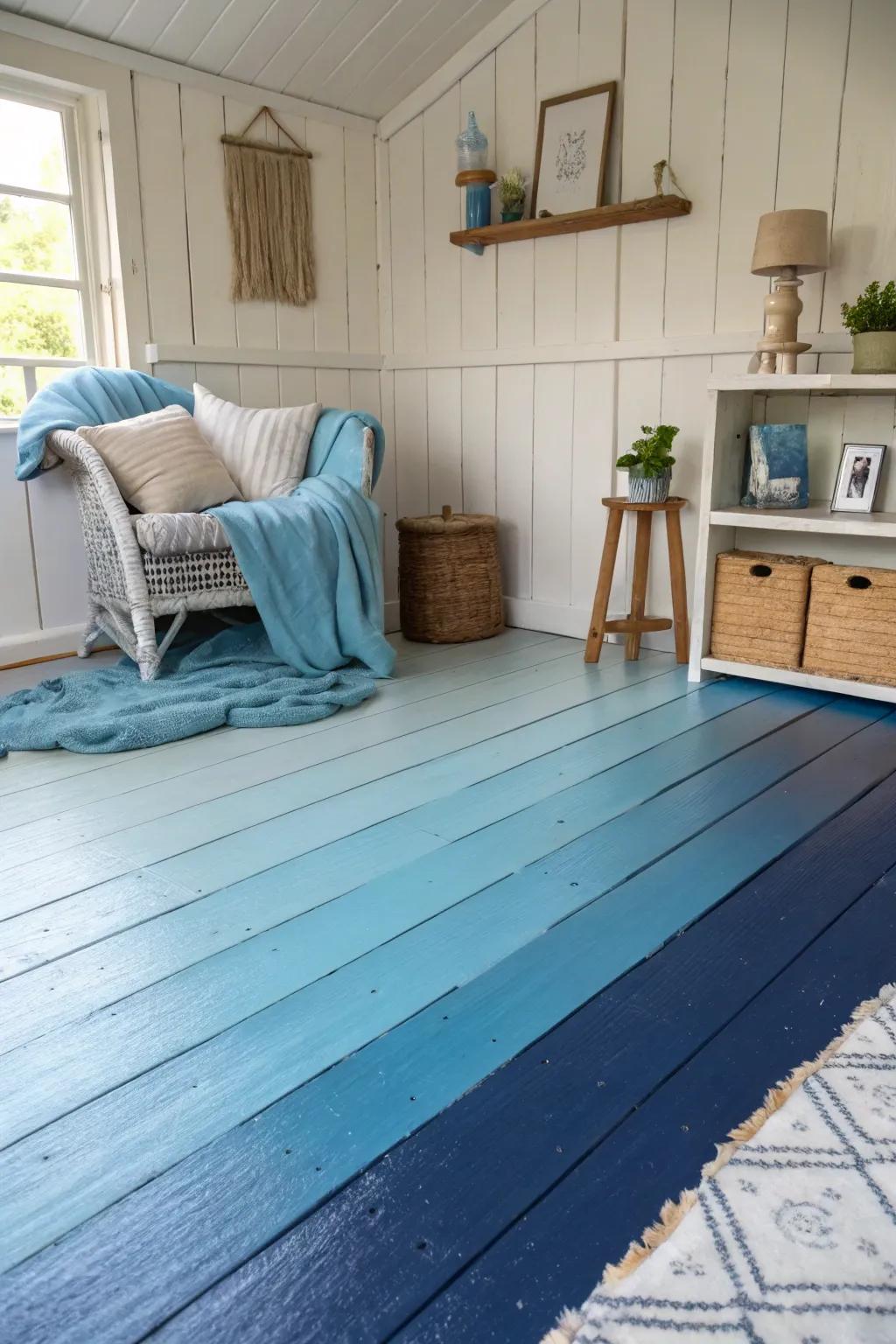 The gradient cascade generates a tranquil and expansive atmosphere.