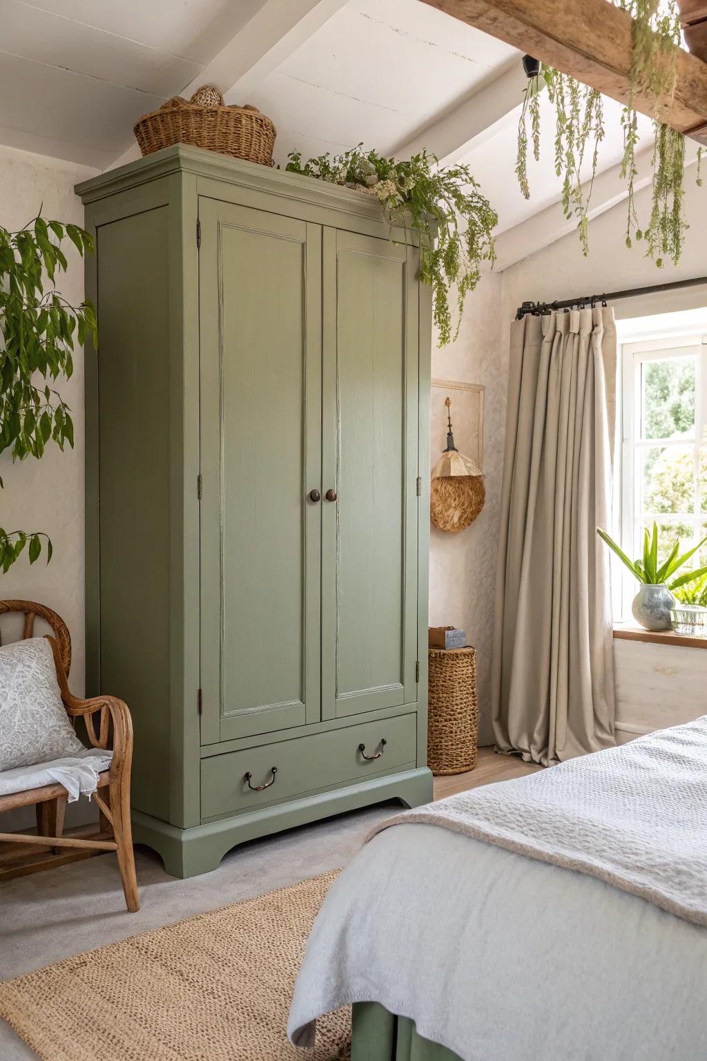 A nature-inspired green armoire adds a serene vibe to your space.
