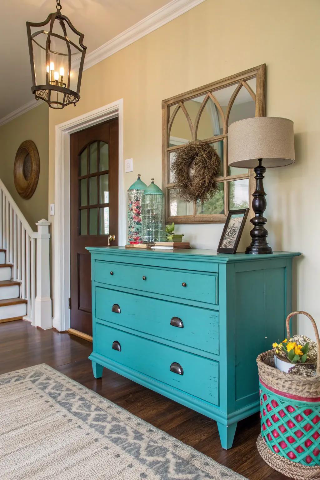 A daring blue-green-painted trunk makes a striking entryway impression.