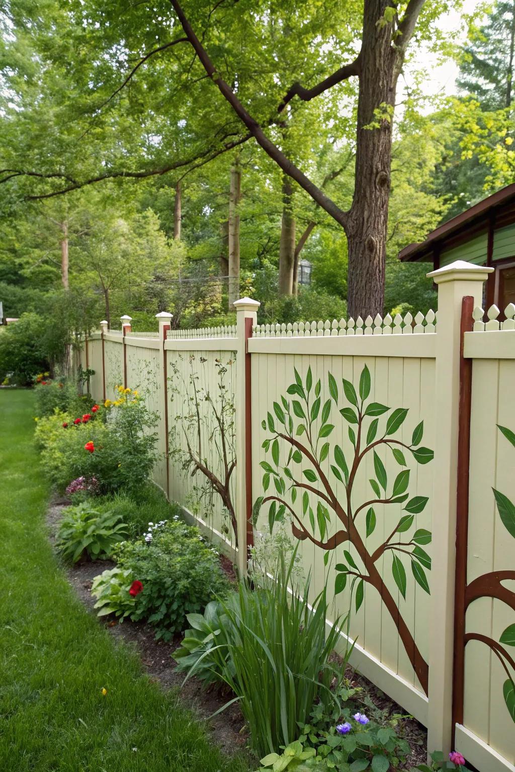 Nature-inspired painted fence brings a sense of peace to your backyard.