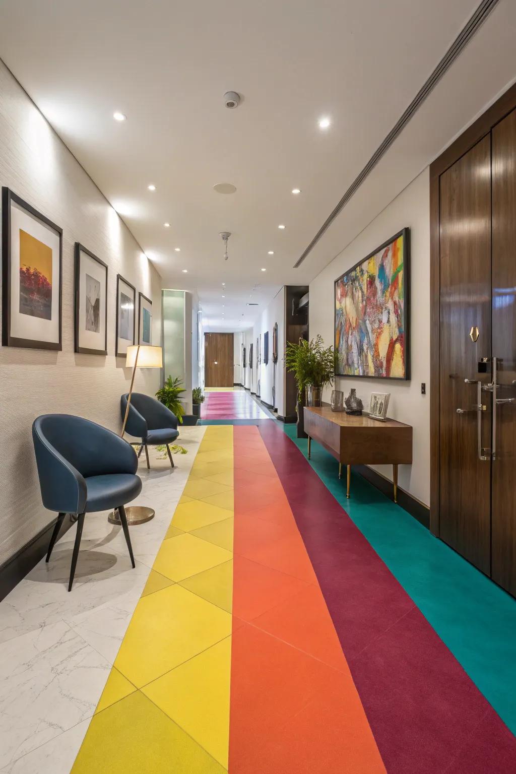 A hallway transformed by color section painted floors, displaying vivid hues and modern decor.