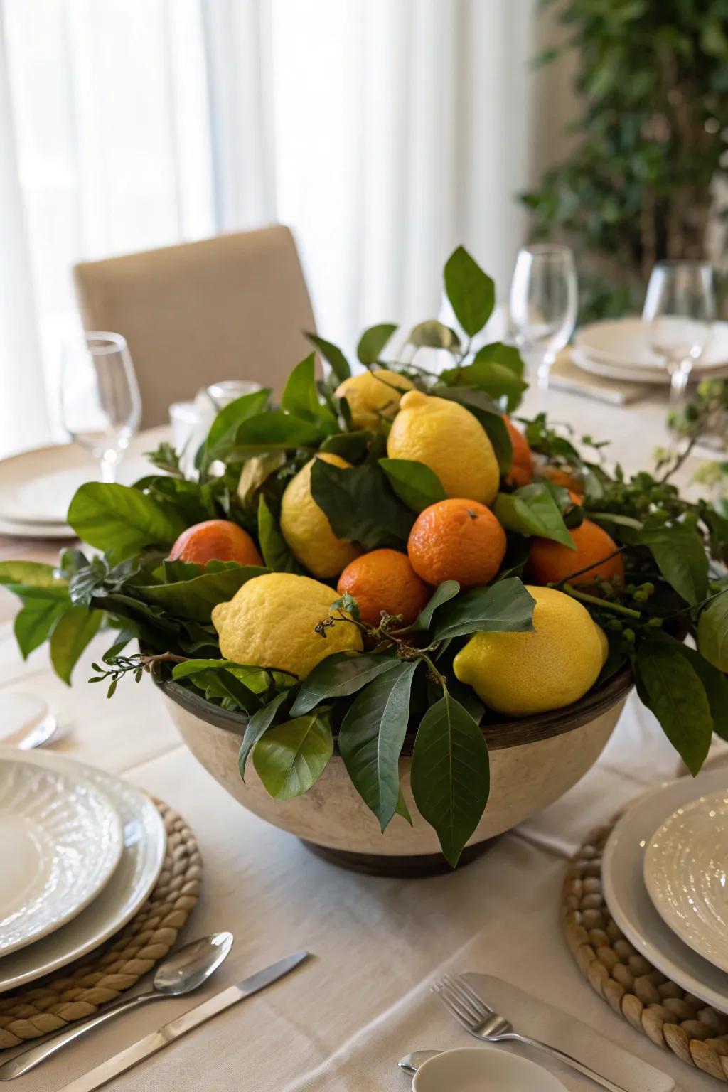 An invigorating fruit centerpiece with citrus and greenery.