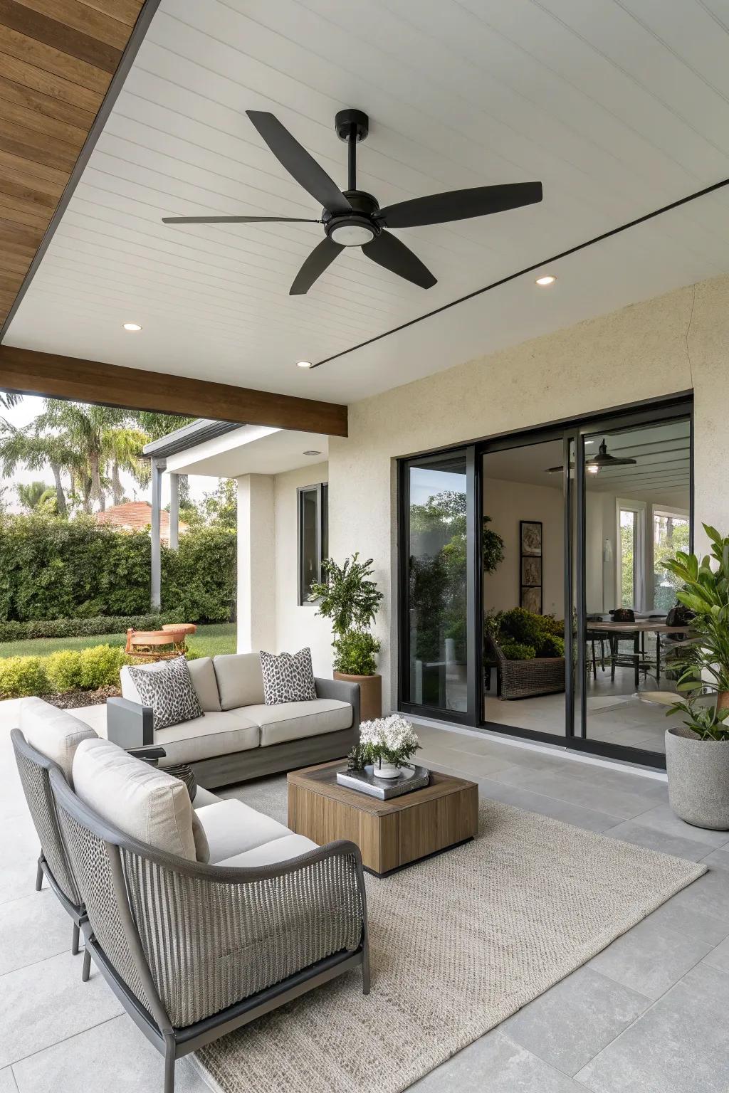 A modern patio showcasing a refined, minimalist ceiling fan.