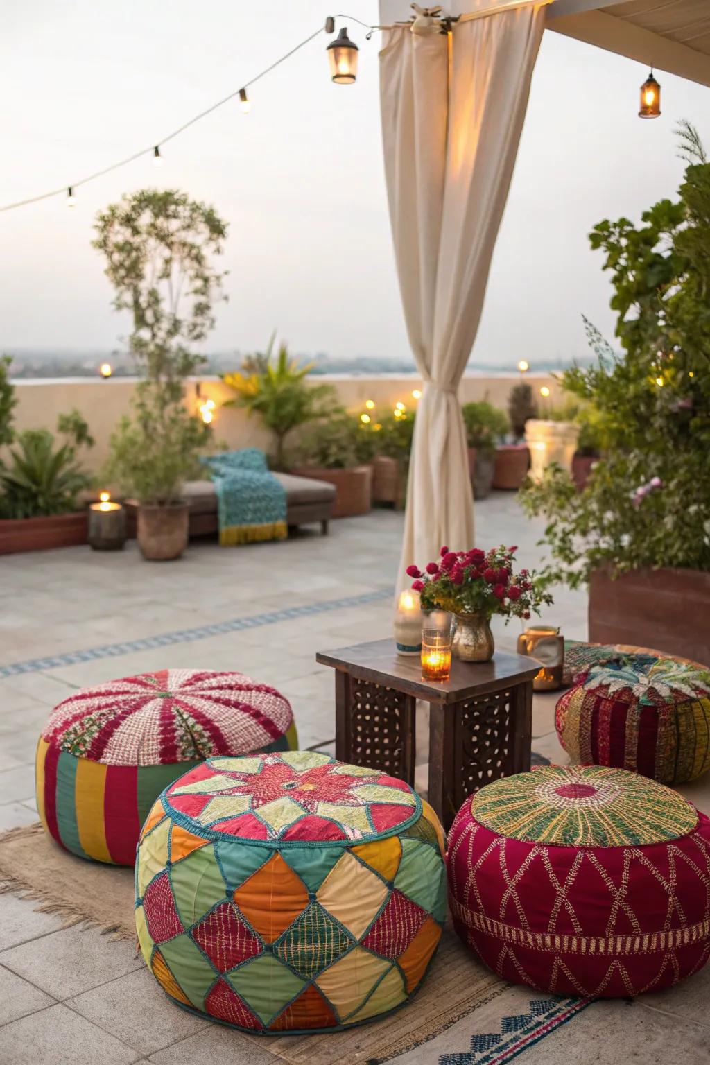 Poufs introduce versatility and a splash of color to your patio arrangement.