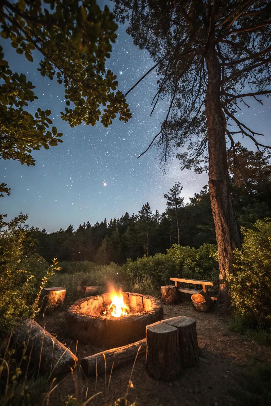 Rustic log seating fashions a welcoming, nature-inspired firepit space.